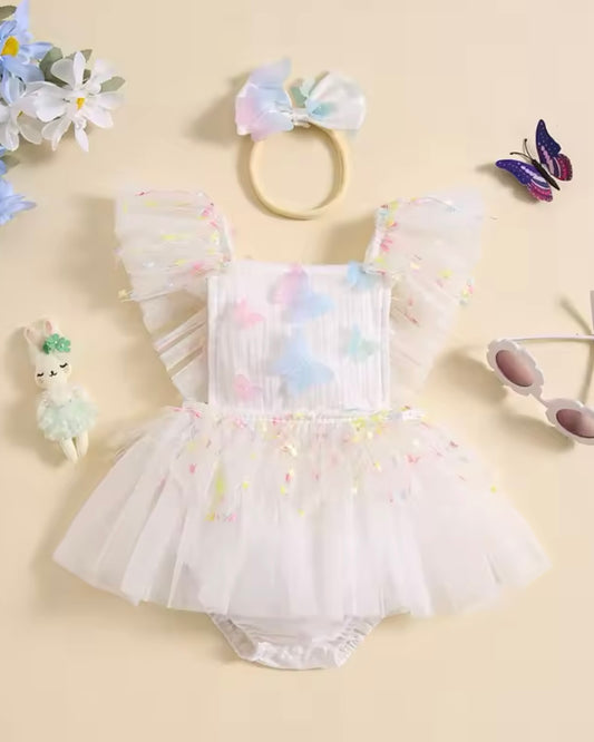 White rainbow butterfly romper