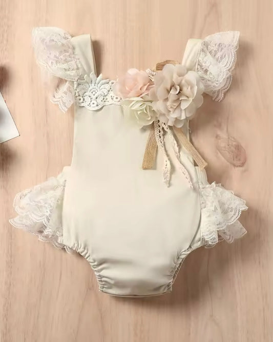 Beige love floral frill romper